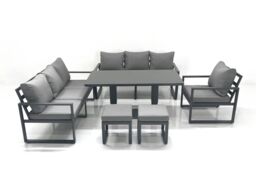 Fimous Outdoor Garden Furniture Set Aluminium Lounge Sofa Adjustable Rising Lifting Dining Table Sets with 2 Small Footstools Dark Grey - thumbnail 2