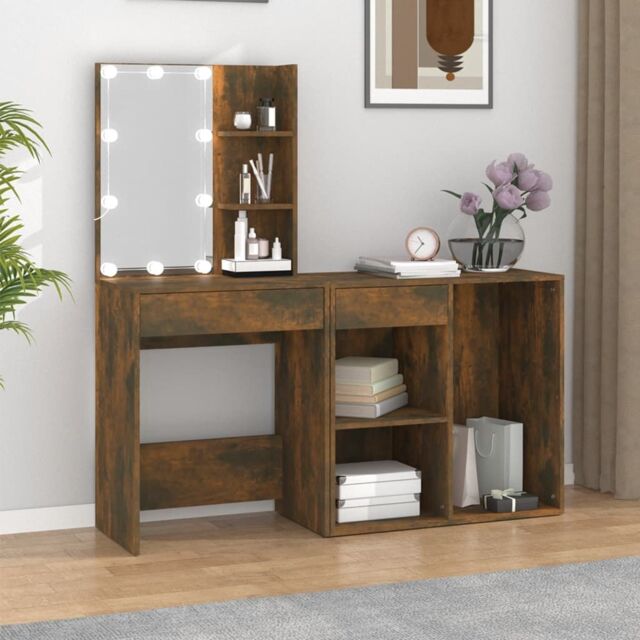 Berkfield Home LED Dressing Table with Cabinet Smoked Oak Engineered Wood in Brown - image 1
