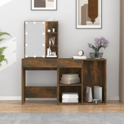 Berkfield Home LED Dressing Table with Cabinet Smoked Oak Engineered Wood in Brown - thumbnail 4
