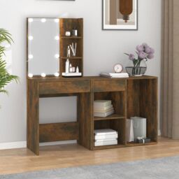 Berkfield Home LED Dressing Table with Cabinet Smoked Oak Engineered Wood in Brown