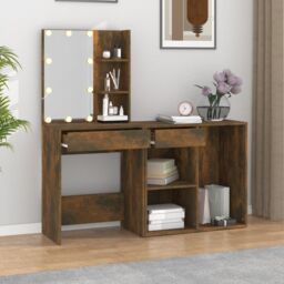 Berkfield Home LED Dressing Table with Cabinet Smoked Oak Engineered Wood in Brown - thumbnail 3