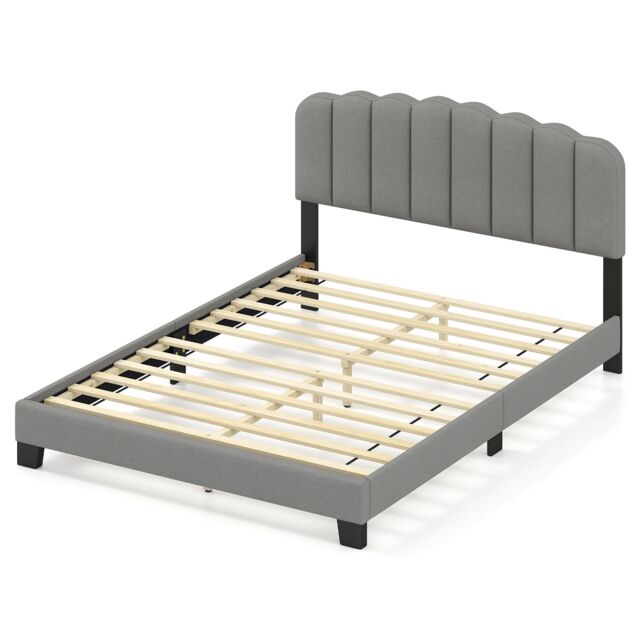 Costway Double Size Bed Frame Linen Upholstered Platform Bed in Grey - image 1