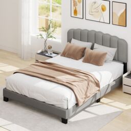 Costway Double Size Bed Frame Linen Upholstered Platform Bed in Grey - thumbnail 9