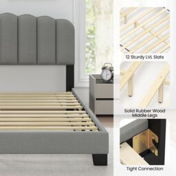 Costway Double Size Bed Frame Linen Upholstered Platform Bed in Grey - thumbnail 4