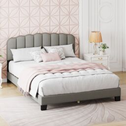 Costway Double Size Bed Frame Linen Upholstered Platform Bed in Grey - thumbnail 3