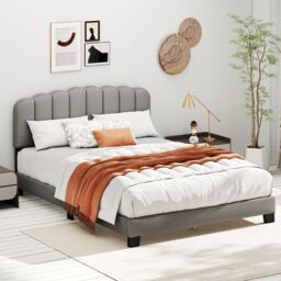 Costway Double Size Bed Frame Linen Upholstered Platform Bed in Grey - thumbnail 8
