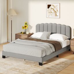Costway Double Size Bed Frame Linen Upholstered Platform Bed in Grey - thumbnail 7