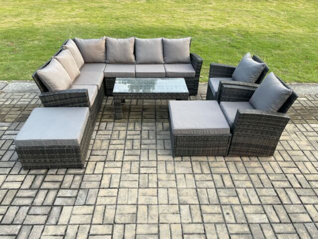 Fimous Outdoor Furniture Garden Dining Set Rattan Corner Sofa Set with 2 Armchairs 2 Big Footstool Dark Grey Mixed - image 1