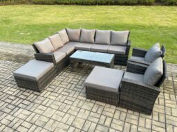 Fimous Outdoor Furniture Garden Dining Set Rattan Corner Sofa Set with 2 Armchairs 2 Big Footstool Dark Grey Mixed - thumbnail 2