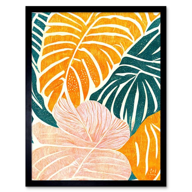 "Artery8 Wall Art Print Orange Pastel Pink Green Monstera Plant Leaf Boho Linocut Art Framed in Black - Size: W12"" x H16""" - image 1