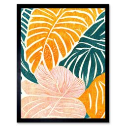"Artery8 Wall Art Print Orange Pastel Pink Green Monstera Plant Leaf Boho Linocut Art Framed in Black - Size: W12"" x H16""" - thumbnail 1