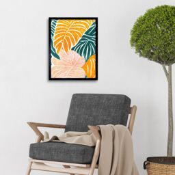 "Artery8 Wall Art Print Orange Pastel Pink Green Monstera Plant Leaf Boho Linocut Art Framed in Black - Size: W12"" x H16""" - thumbnail 2