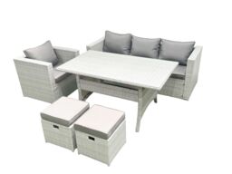 Fimous Garden Dining Set Outdoor Rattan Furniture Set with Sofa Dining Table Small Footstools Light Grey Mixed - thumbnail 2