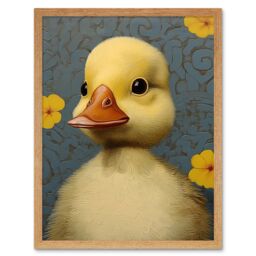 "Artery8 Wall Art Print Duckling with Flowers Oil Painting Kids Bedroom Baby Nursery Duck Art Framed in Light Oak - Size: W12"" x H16""" - thumbnail 1