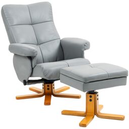 HOMCOM Recliner Chair & Footstool PU Leather Wooden Base, Light Grey - thumbnail 2