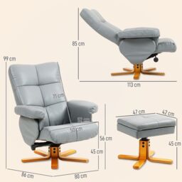 HOMCOM Recliner Chair & Footstool PU Leather Wooden Base, Light Grey - thumbnail 3