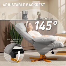 HOMCOM Recliner Chair & Footstool PU Leather Wooden Base, Light Grey - thumbnail 4
