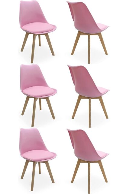Life Interiors Set of 6 Scandinavian Dining Chairs Leather Cushions Solid Wood Legs in Pink - image 1