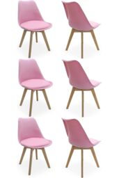 Life Interiors Set of 6 Scandinavian Dining Chairs Leather Cushions Solid Wood Legs in Pink