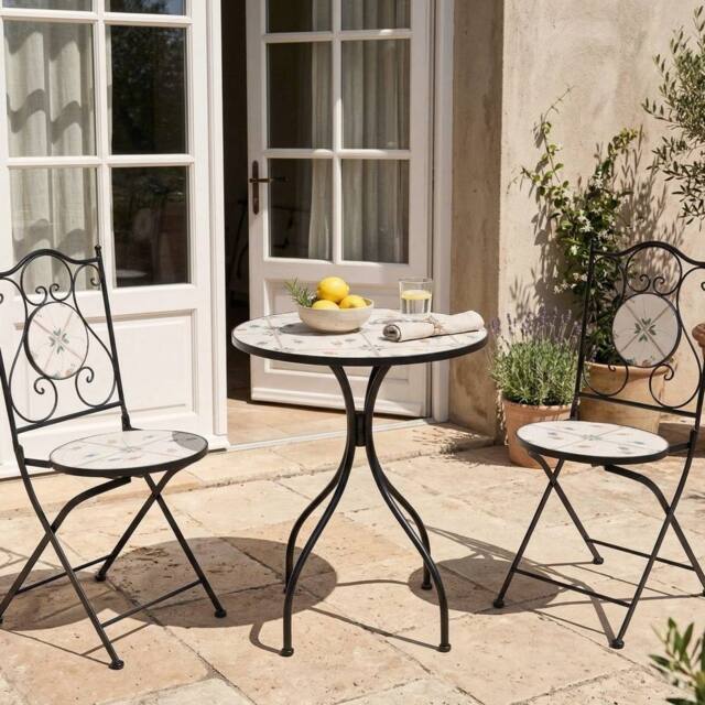 Wyld and Coco Wrought Iron Bistro Set Black Mosaic Tile Table 2 Folding Chairs - image 1