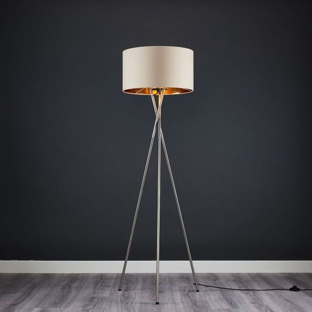 ValueLights Camden Brushed Chrome Tripod Floor Lamp with Beige & Gold Lamp Shade - image 1