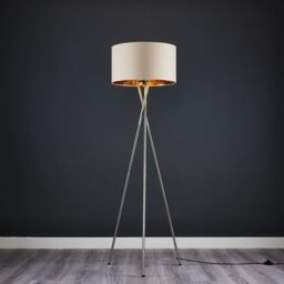 ValueLights Camden Brushed Chrome Tripod Floor Lamp with Beige & Gold Lamp Shade - thumbnail 3
