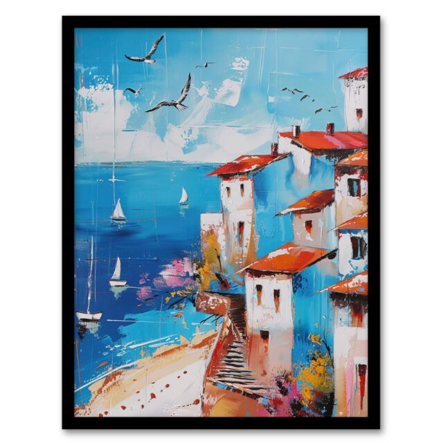 "Artery8 Coastal Town Beach Sail Boats Abstract Painting Framed Art Print in Blue - Size: W12"" x H16""" - image 1