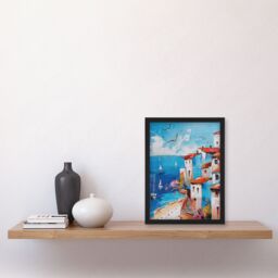 "Artery8 Coastal Town Beach Sail Boats Abstract Painting Framed Art Print in Blue - Size: W12"" x H16""" - thumbnail 4