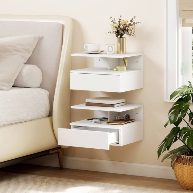 HOMCOM Modern Nightstand Set of 2, Wall Mounted Bedside Cabinet in White - image 1