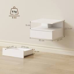 HOMCOM Modern Nightstand Set of 2, Wall Mounted Bedside Cabinet in White - thumbnail 3