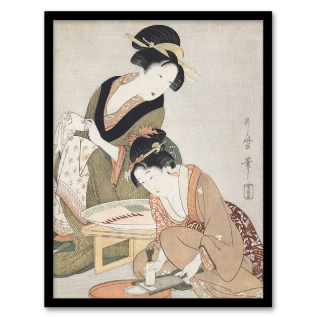 "Artery8 Women Preparing Sashimi Vintage Japan Framed Wall Art Print Kitagawa in Khaki - Size: W12"" x H16""" - image 1