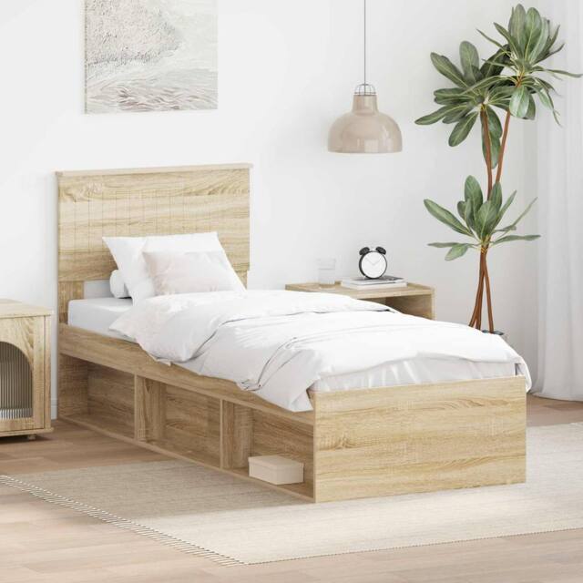 Berkfield Home Bed Frame with Headboard Sonoma Oak 75 x 190 cm Solid Pine Wood in Brown - image 1