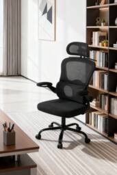 Living and Home Ergonomic Mesh Office Chair with Adjustable Headrest & Lumbar Support in Black - thumbnail 1