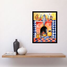 "Artery8 Wall Art Print Kitchen Hearth Fireplace With Coloured Tiles Folk Art Watercolour Painting Art Framed in Black - Size: W12"" x H16""" - thumbnail 2