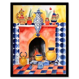 "Artery8 Wall Art Print Kitchen Hearth Fireplace With Coloured Tiles Folk Art Watercolour Painting Art Framed in Black - Size: W12"" x H16""" - thumbnail 1