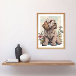 "Artery8 Wall Art Print Cockapoo Dog with Spring Wildflowers Soft Watercolour Art Framed in Light Oak - Size: W12"" x H16""" - thumbnail 2