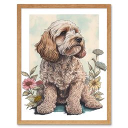 "Artery8 Wall Art Print Cockapoo Dog with Spring Wildflowers Soft Watercolour Art Framed in Light Oak - Size: W12"" x H16""" - thumbnail 1
