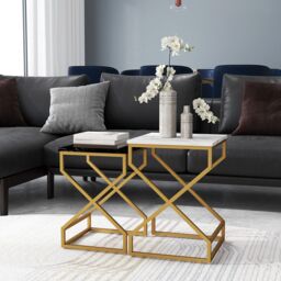 HOMCOM Nest Of Tables, Coffee Table Set with Steel Frame Black/White - Size: 2 Pack