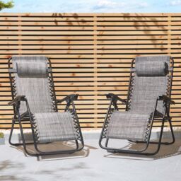 VonHaus Verona Set of 2 Textilene Folding Garden Zero Gravity Chairs in Grey - Size: 2 Pack - thumbnail 1