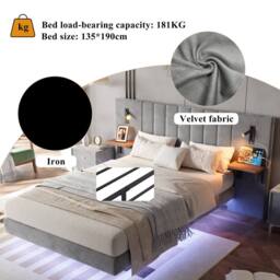 BTM Velvet Bed with Charging, Storage Headboard & Bedside Lamps in Grey - Size: Double - thumbnail 5