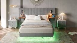 BTM Velvet Bed with Charging, Storage Headboard & Bedside Lamps in Grey - Size: Double - thumbnail 9