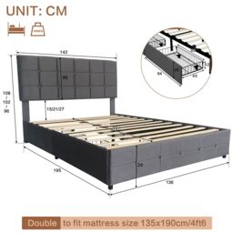 Matteo Luxurious Grey Velvet Double Bed Frame with 4 Storage Drawers, Adjustable Headboard & USB/USB-C Charging - thumbnail 7