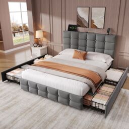 Matteo Luxurious Grey Velvet Double Bed Frame with 4 Storage Drawers, Adjustable Headboard & USB/USB-C Charging - thumbnail 2