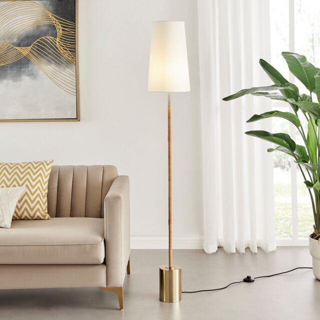 FurnitureboxUK Astrid Boho Rattan Floor Lamp With White Shade & Brass Base in Gold - image 1