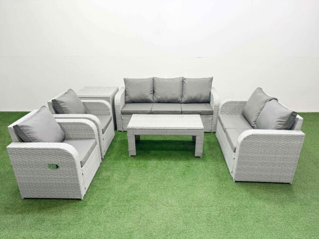 Fimous PE Rattan Garden Furniture Set Adjustable Chair Sofa Double Love Seat 2 Seater Sofa Lounge Set Rectangular Coffee Table Side Table Light Grey - image 1