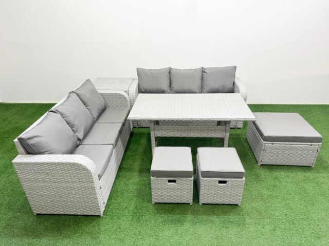 Fimous Outdoor Garden Furniture Sets 9 Seater Wicker Rattan Furniture Sofa Sets w/ Rectangular Dining Table high Back Lounge Sofa 3 Stools Side Table - image 1