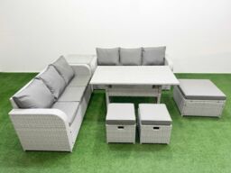 Fimous Outdoor Garden Furniture Sets 9 Seater Wicker Rattan Furniture Sofa Sets w/ Rectangular Dining Table high Back Lounge Sofa 3 Stools Side Table - thumbnail 1