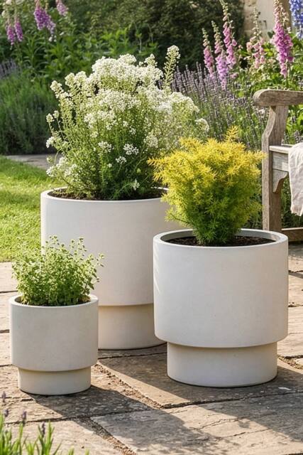 Dibor Set of 3 Beige Fibre Clay Garden Plant Pots Indoor Outdoor Planters - Size: Large - image 1