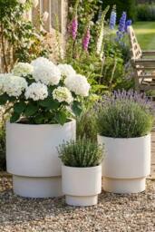 Dibor Set of 3 Beige Fibre Clay Garden Plant Pots Indoor Outdoor Planters - Size: Large - thumbnail 2