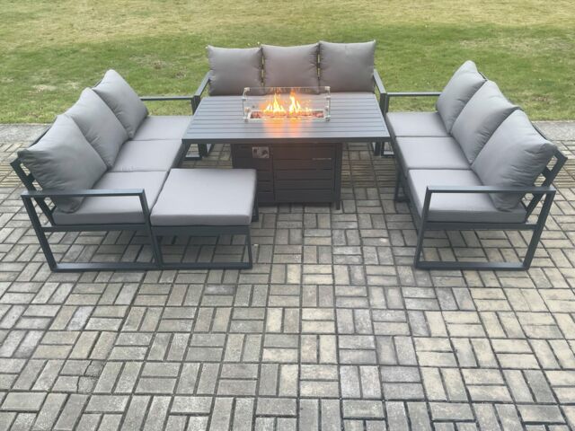 Fimous Aluminium 10 Seater Garden Furniture Outdoor Set Patio Lounge Sofa Gas Fire Pit Dining Table Set with Big Footstool Dark Grey - image 1